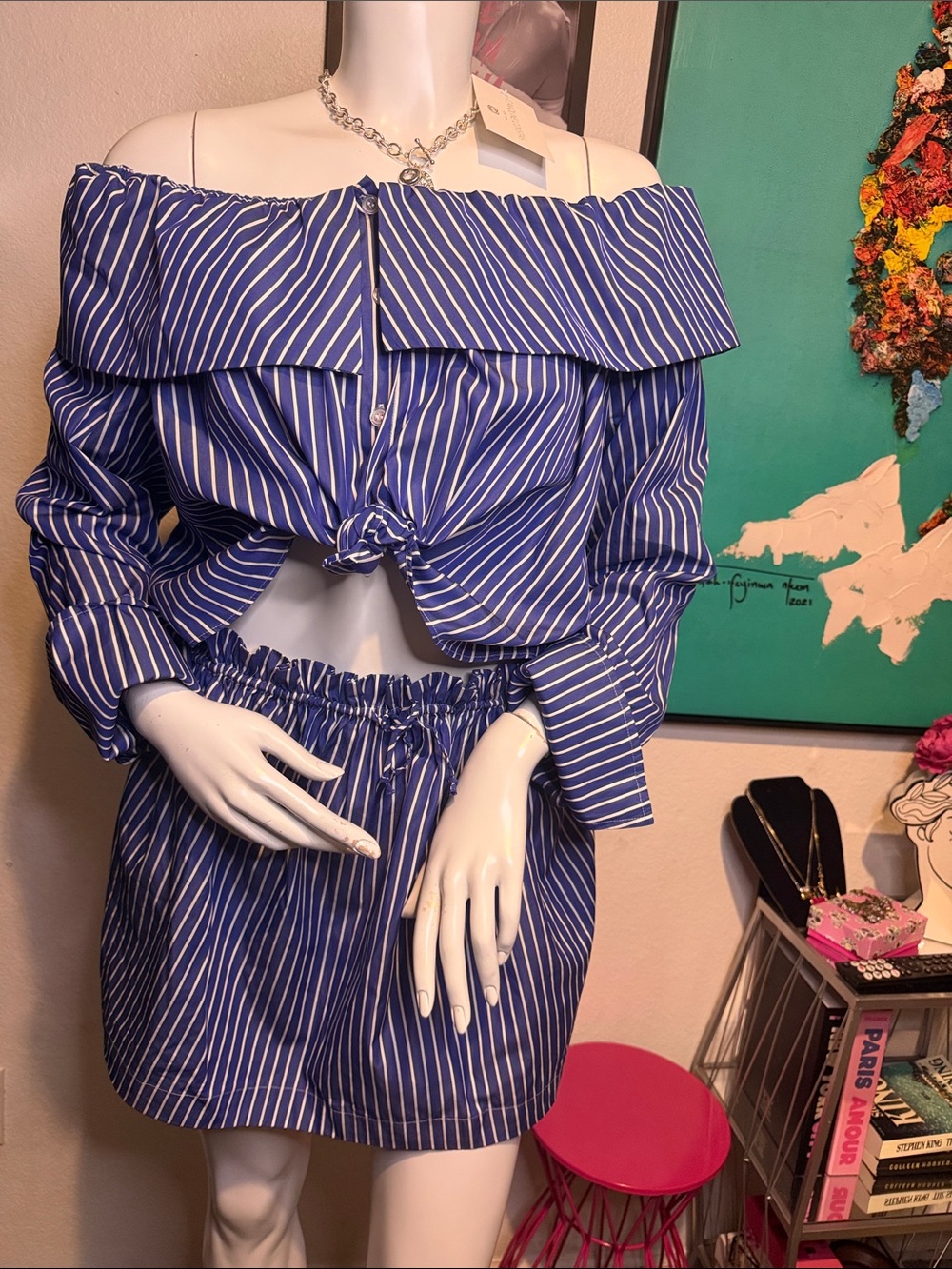 Caroline Constas Blue & White Stripe Skirt Set